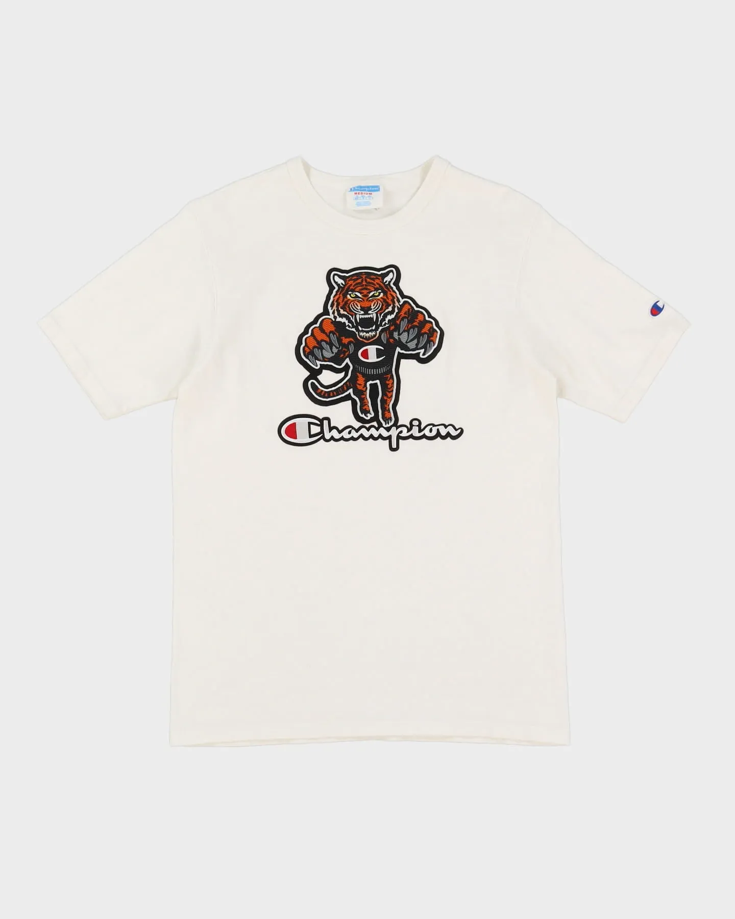 00s Champion White Embroidered Tiger T-Shirt - M