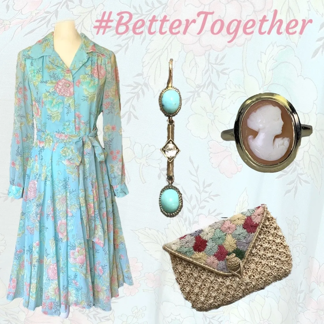 1960s Blue Floral Shirt Dress by Miss Elliette with a Blue Base & Pink Flowers. Midi Length Fit & Flare.