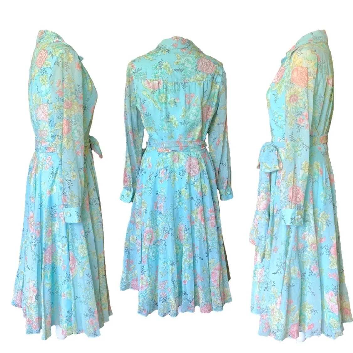 1960s Blue Floral Shirt Dress by Miss Elliette with a Blue Base & Pink Flowers. Midi Length Fit & Flare.