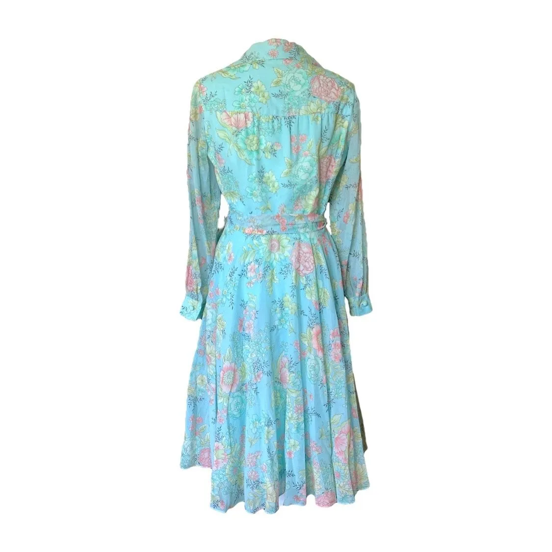 1960s Blue Floral Shirt Dress by Miss Elliette with a Blue Base & Pink Flowers. Midi Length Fit & Flare.