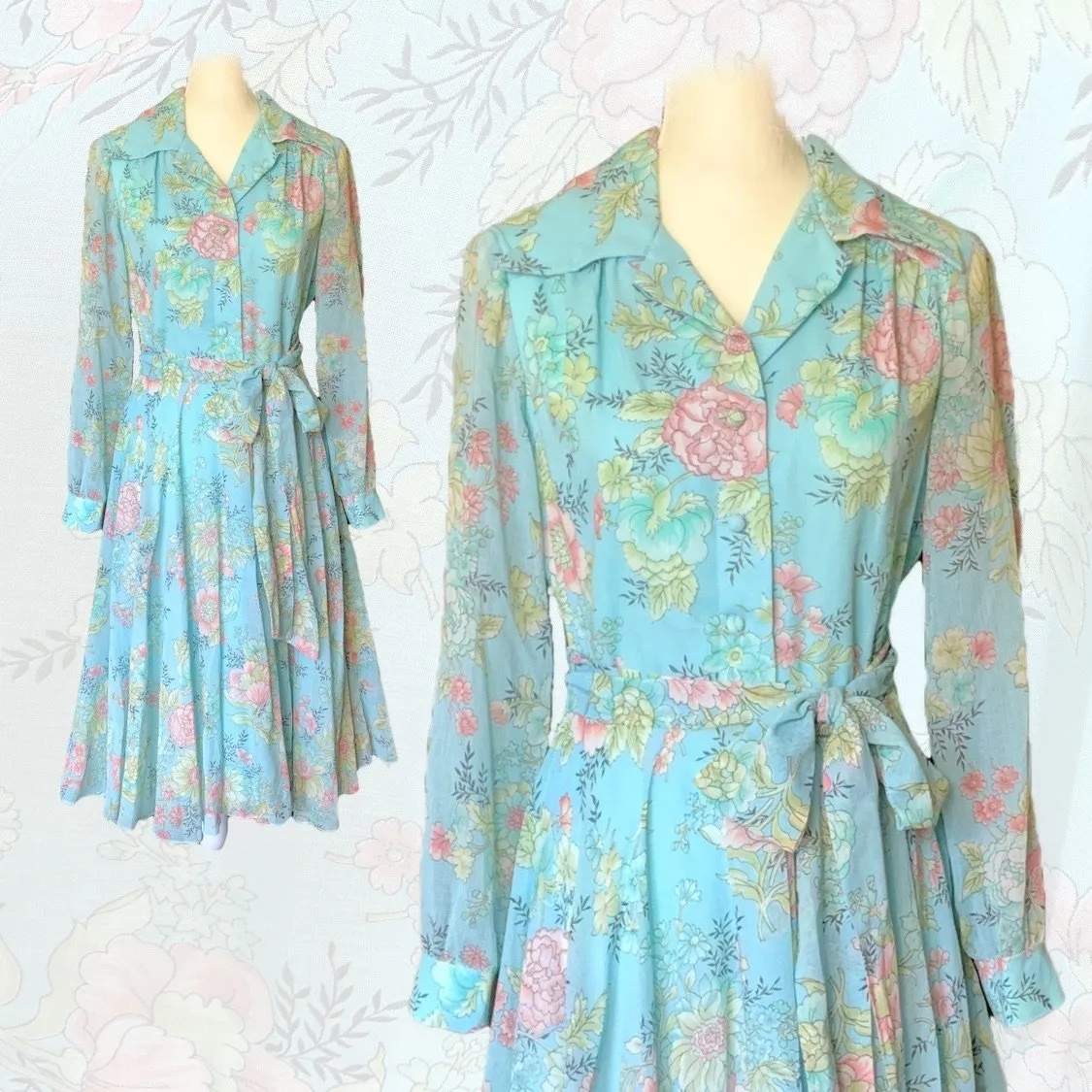 1960s Blue Floral Shirt Dress by Miss Elliette with a Blue Base & Pink Flowers. Midi Length Fit & Flare.