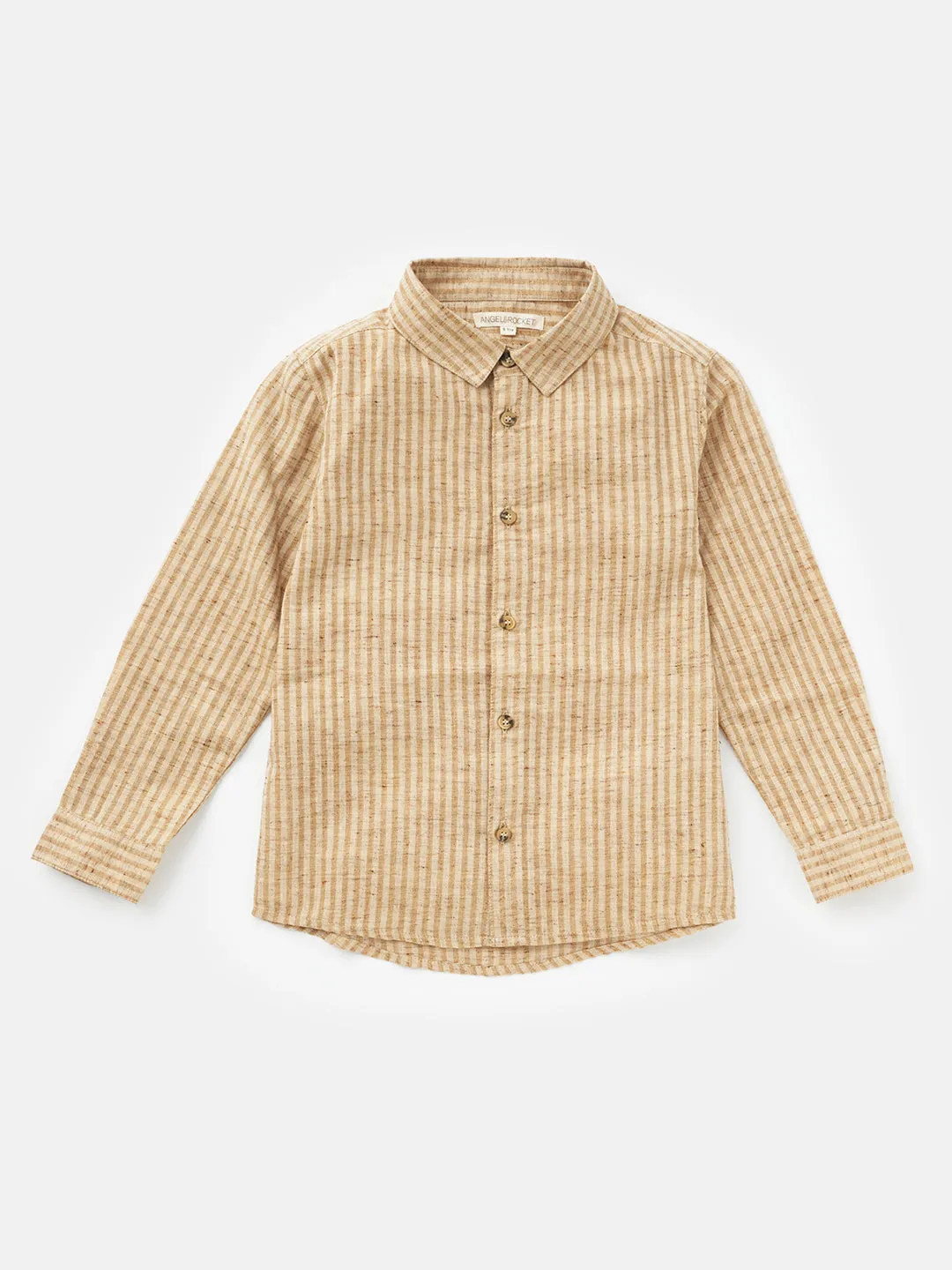 Boys Beige Vertical Striped Full Sleeves Cotton Shirt