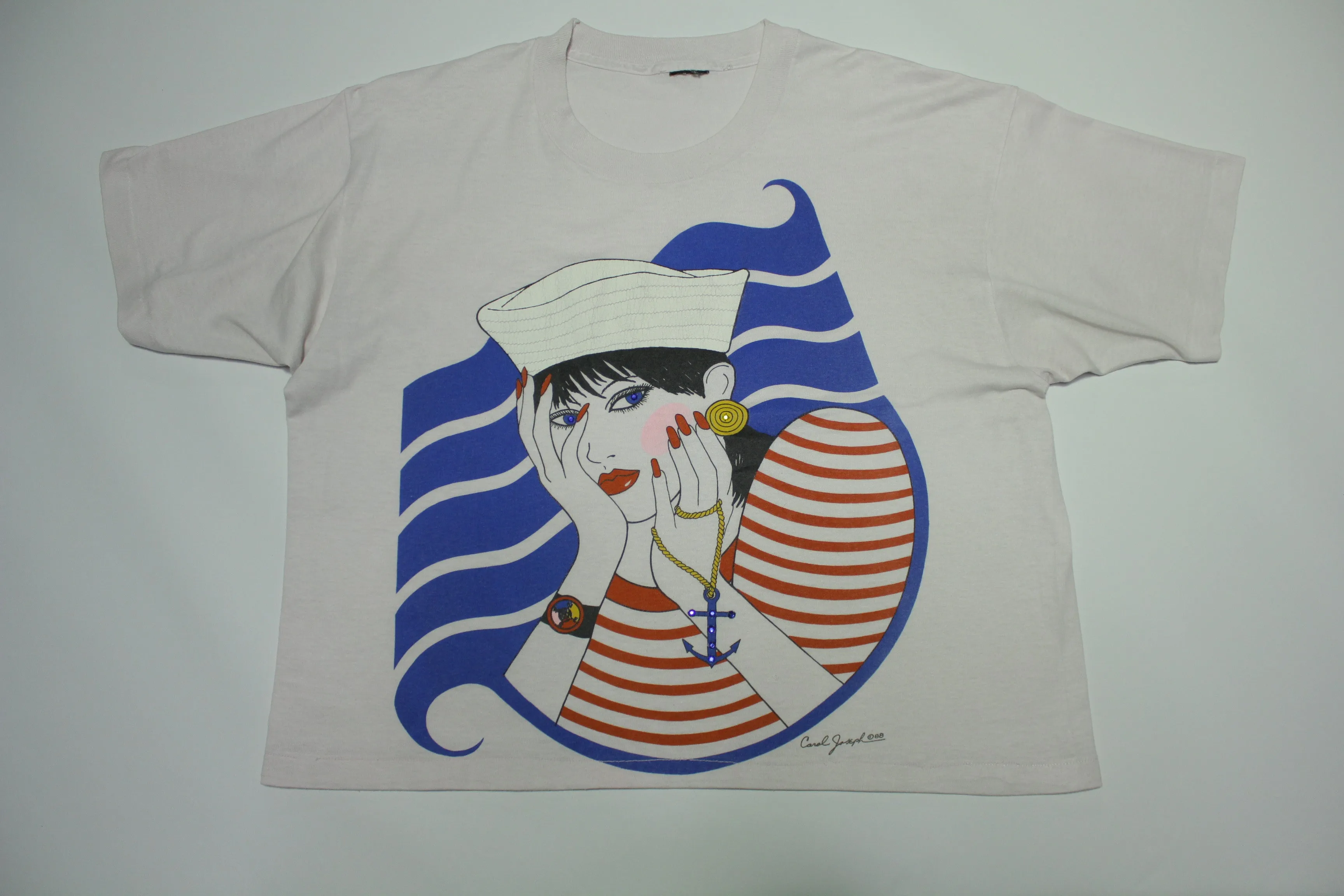 Carol Joseph Sailor Lady  Jeweled Art Deco Crop Top 1988 Vintage 80's Artist T-Shirt