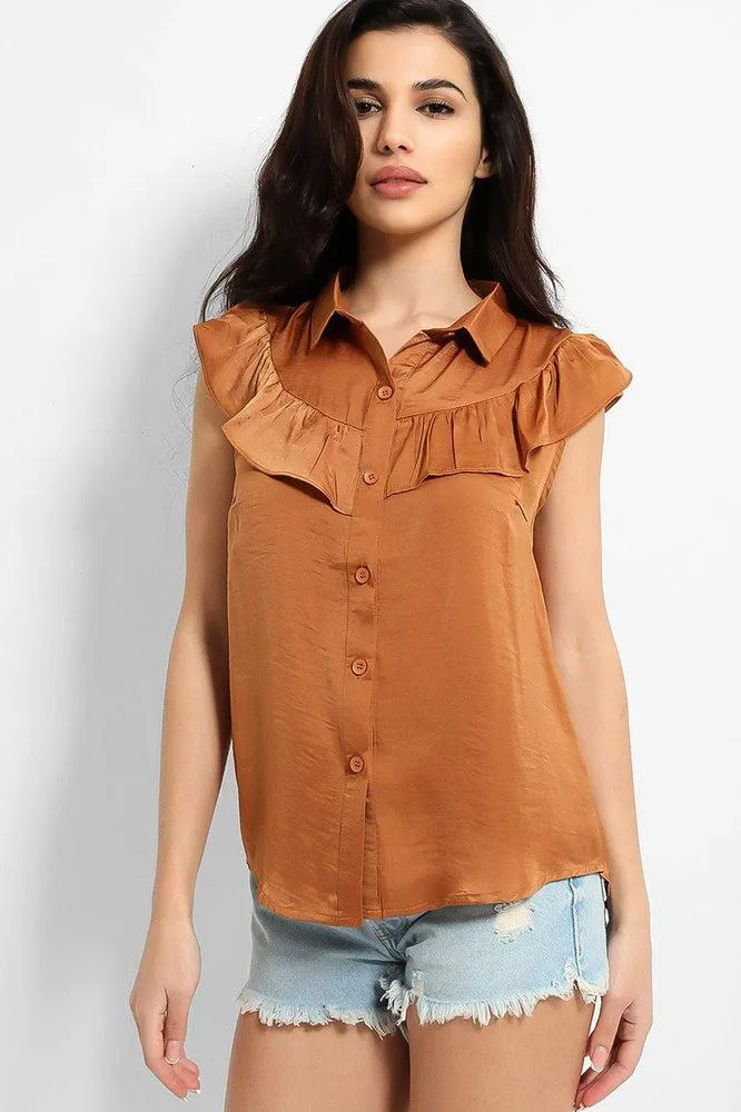 Crushed Satin Frill Details Sleeveless Shirt