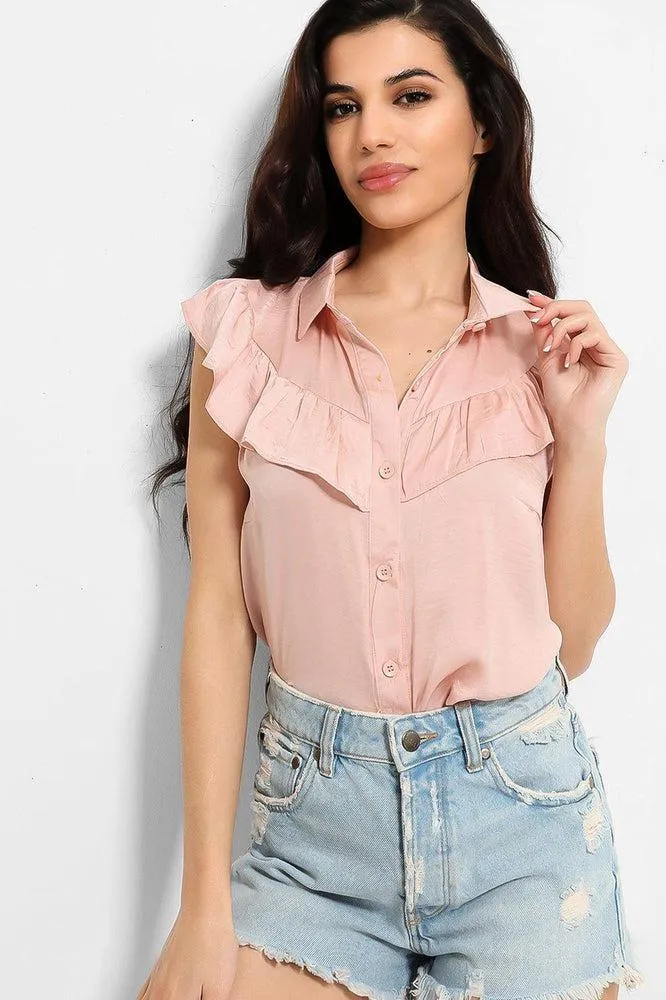 Crushed Satin Frill Details Sleeveless Shirt