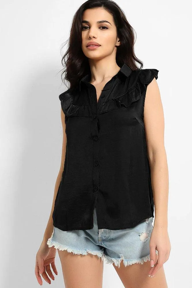 Crushed Satin Frill Details Sleeveless Shirt