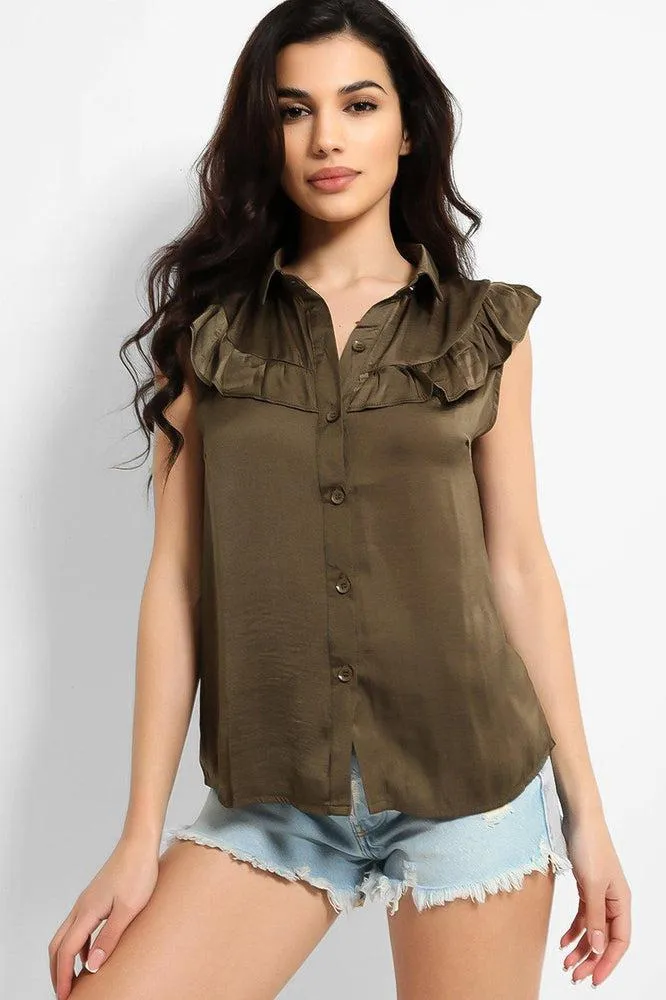 Crushed Satin Frill Details Sleeveless Shirt