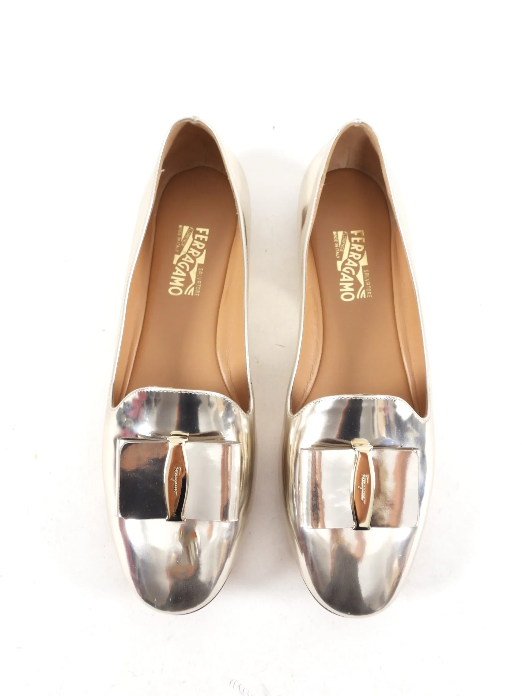 Ferragamo Elisabella Gold Metallic Bow Flat Shoes - 10B