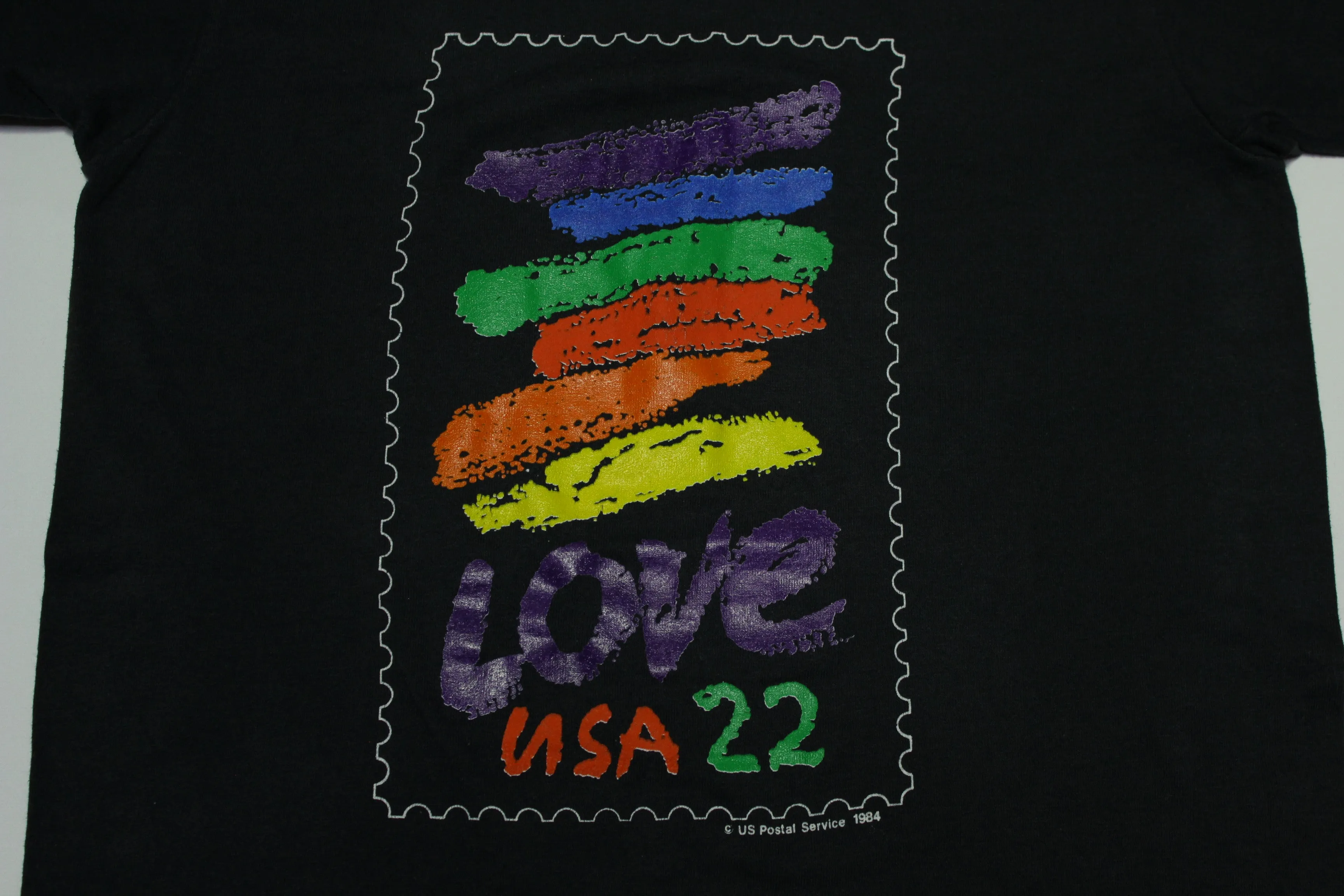 Love USA 22 Crayon Stamp USPS 1984 Vintage 80's Single Stitch Oneita T-Shirt