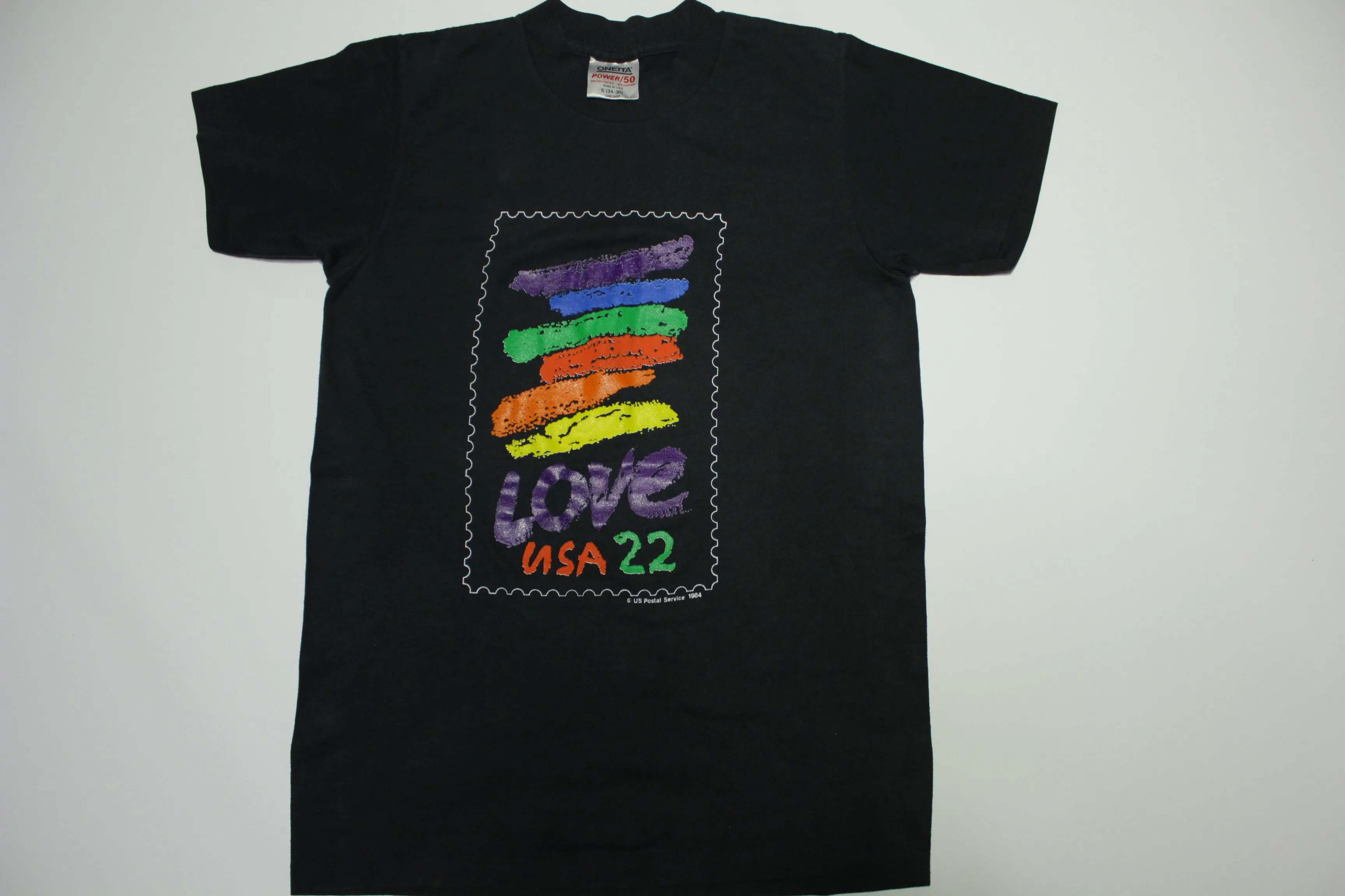 Love USA 22 Crayon Stamp USPS 1984 Vintage 80's Single Stitch Oneita T-Shirt