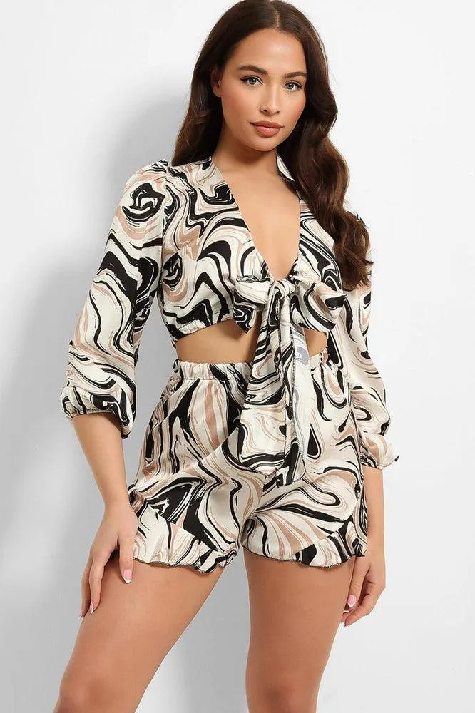 Marble Swirl Cropped Tie Up Shirt And Shorts Set