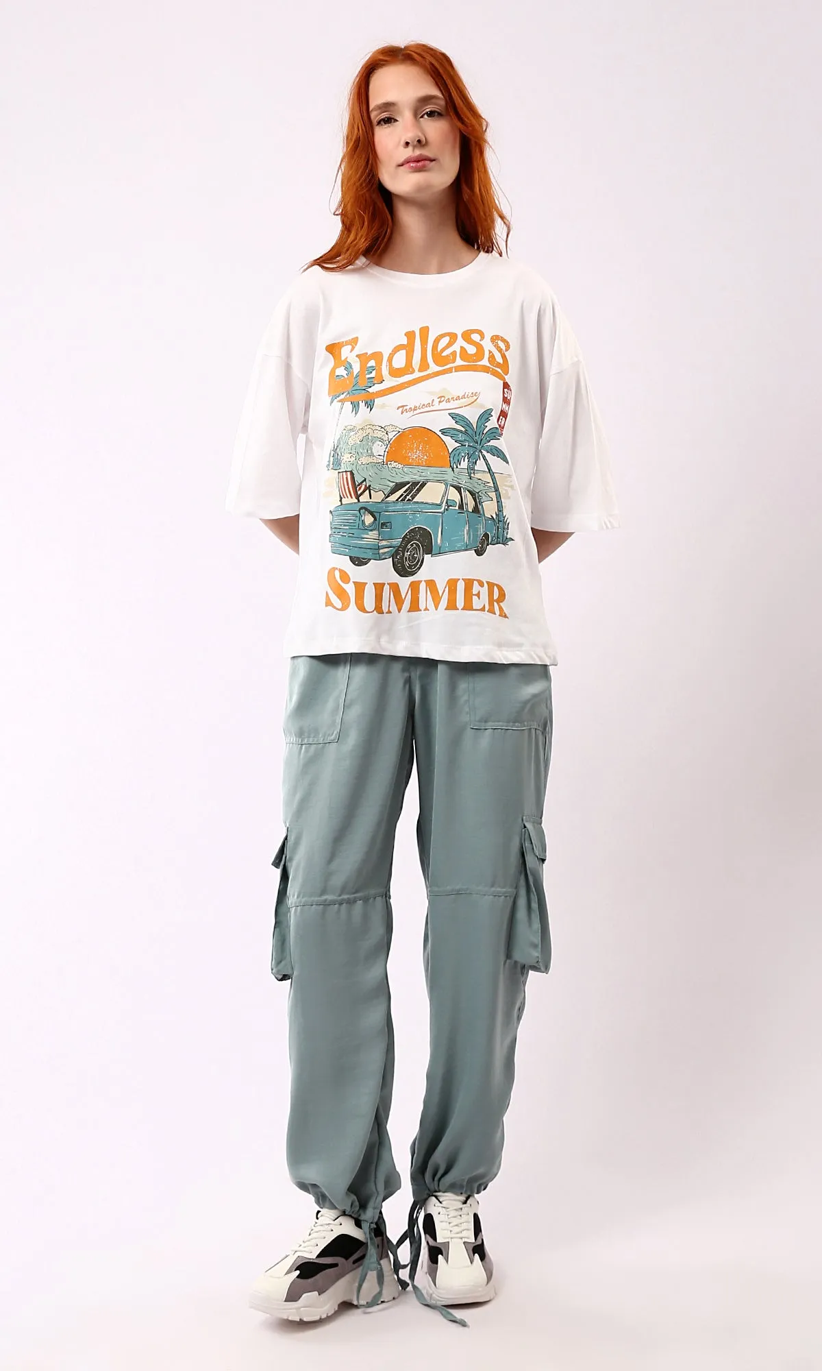 O178794 Printed "Endless Summer" Elbow Sleeves White Tee