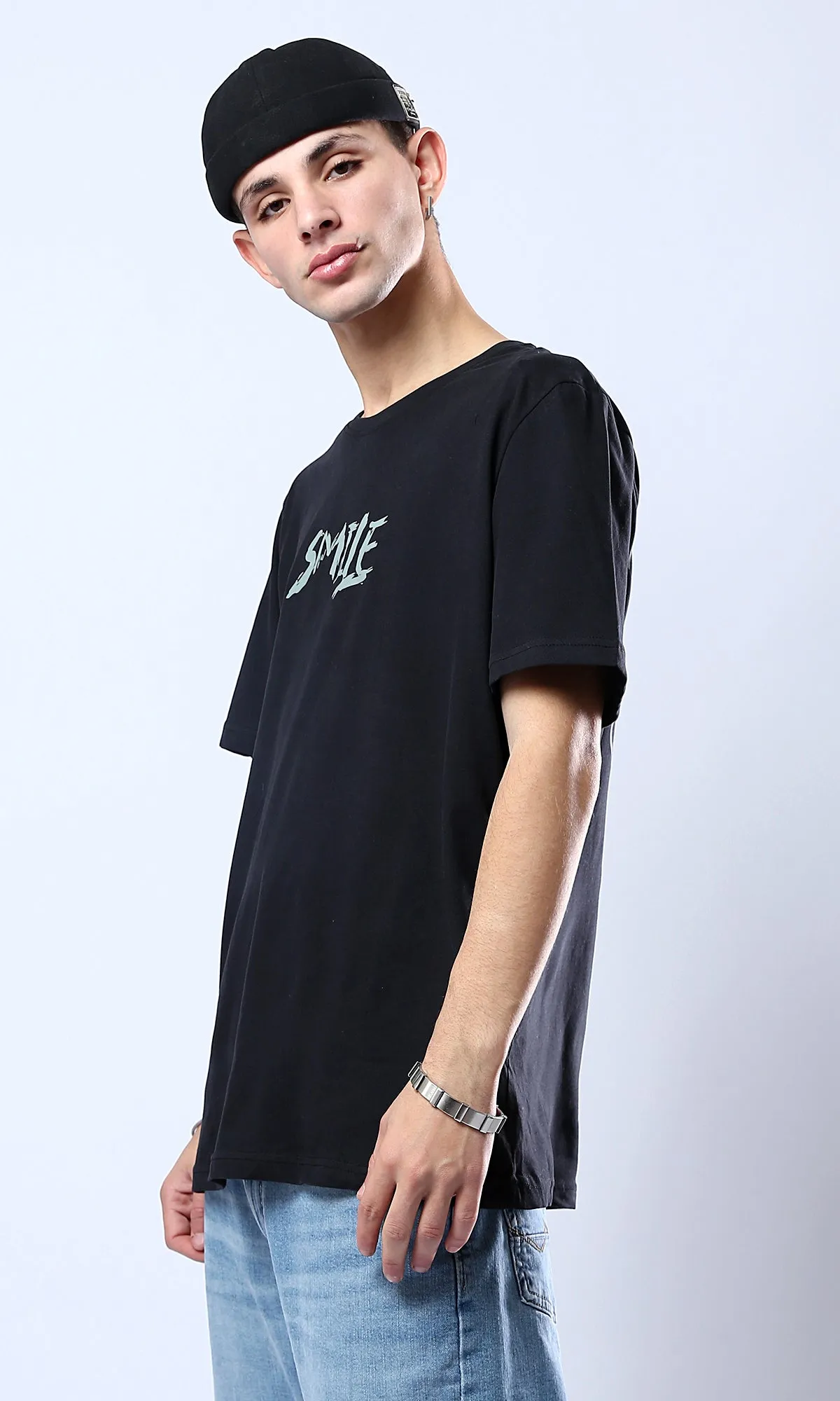 O178965 Smile Crew Neck Regular Fit Black Tee