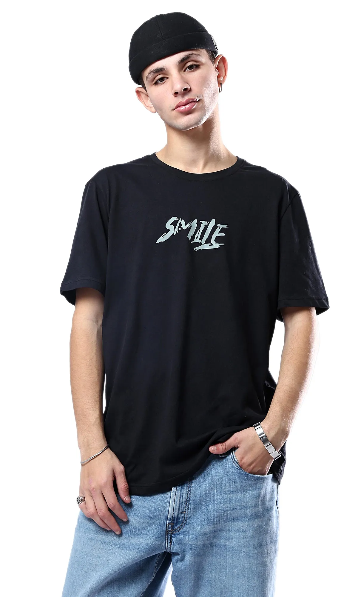 O178965 Smile Crew Neck Regular Fit Black Tee