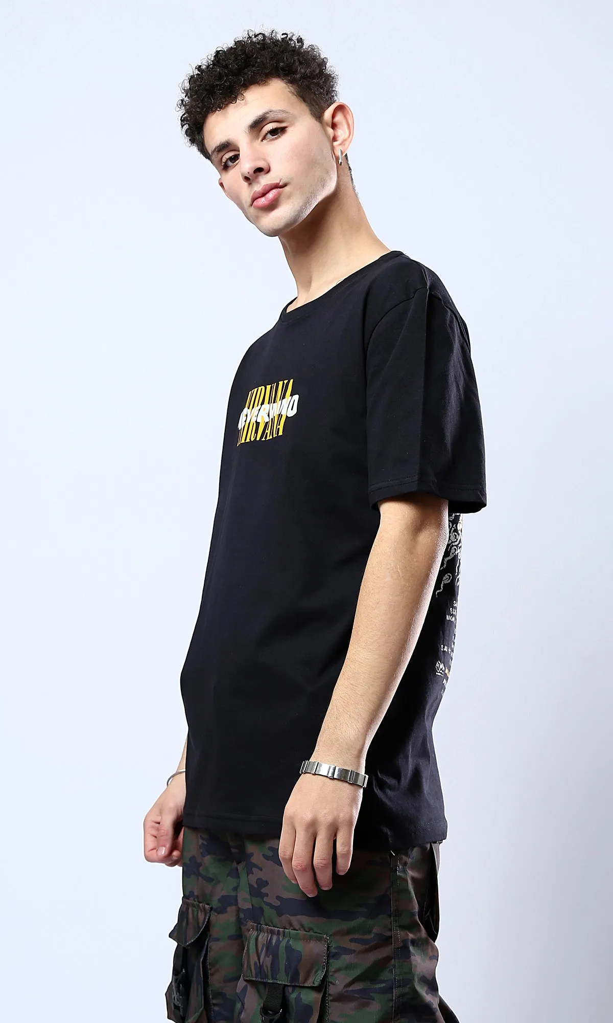 O178969 Short Sleeves Black Cotton Slip On Tee