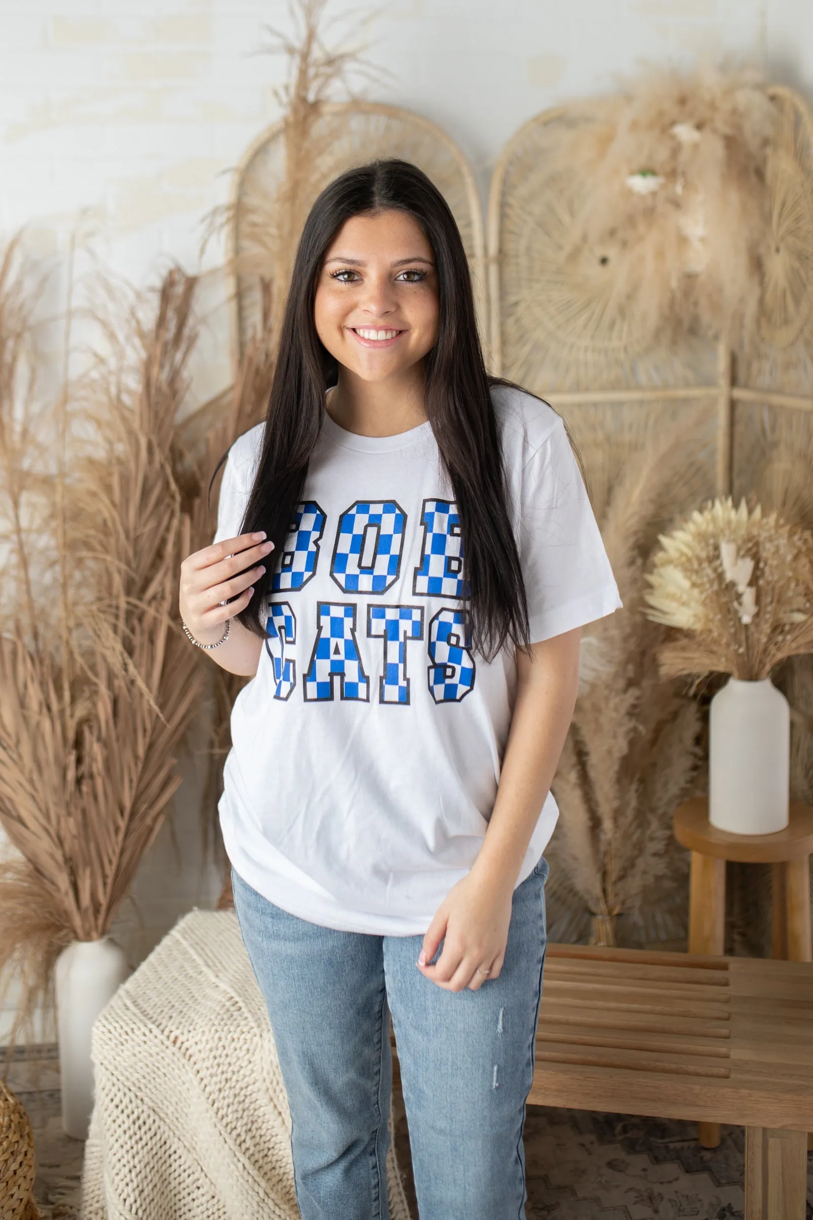 "Checkered Bobcats" Blue & Black Graphic Tee