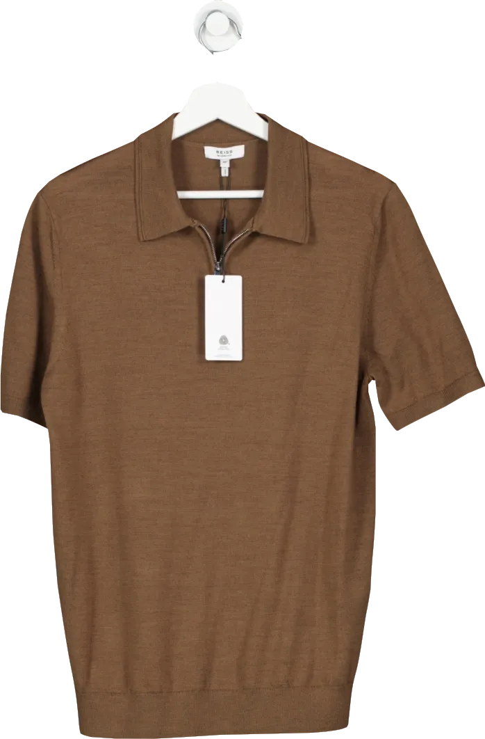 REISS Brown Maxwell Merino Zip Polo Shirt UK M