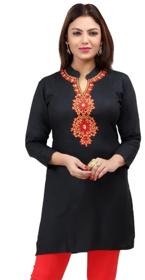 Short Kurti Women's Blouse Embroidered Indian Clothing (Black)