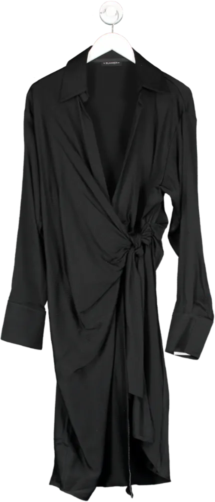 The Summer Edit Black Esme Hammered Silk Wrap Shirt Dress UK S