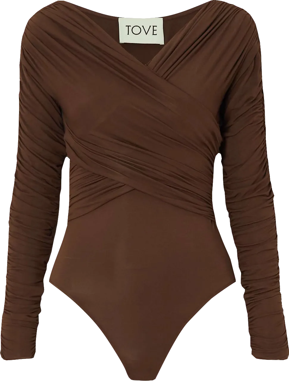 TOVE Brown Joni Wrap-effect Ruched Stretch-jersey Bodysuit UK 10