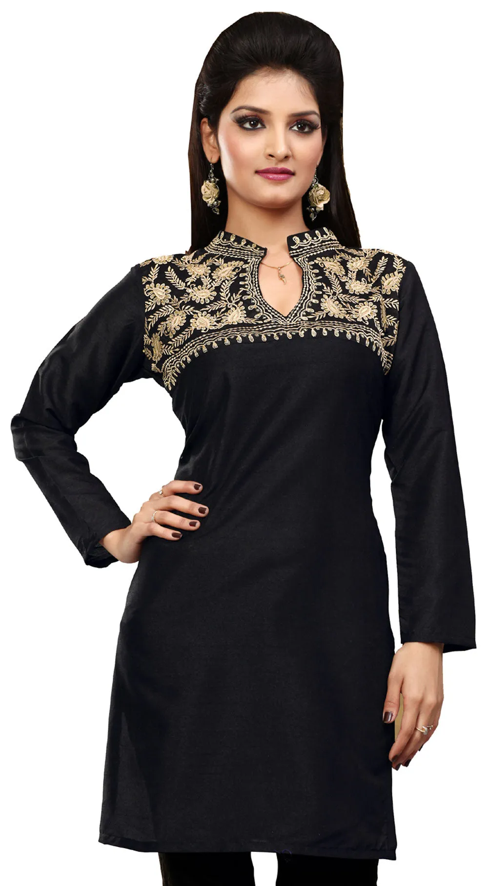 Tunic Top Short Kurti Women's Embroidered Indian Clothing (Black)