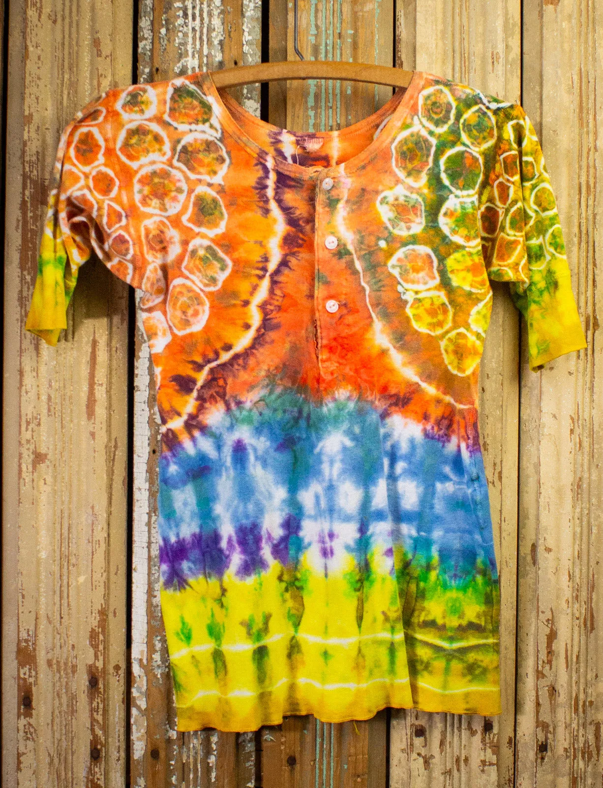 Vintage Mihitabel Tie Die Henley Shirt 60s Orange, Yellow, Blue, and Purple Small