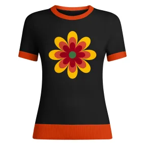 Women's Black Knitted T-shirt With Yellow Flowers