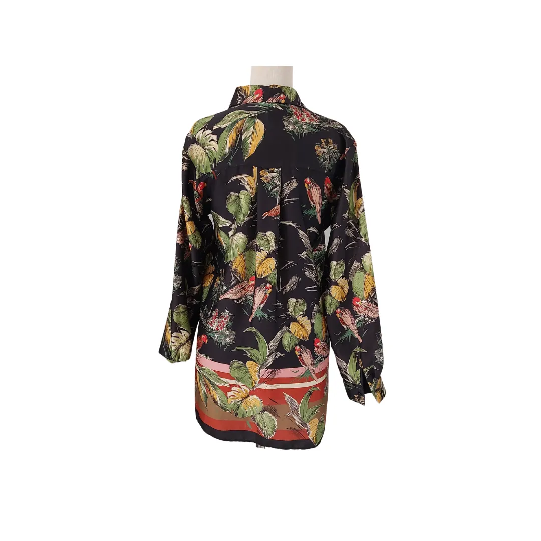 ZARA Black Leaf and Parrot Print Collared Shirt | Gently Used |